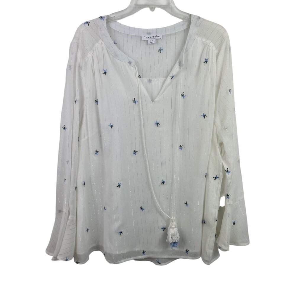 Loveriche Womens Embroidered Floral Sheer White Blouse With Tassels Size 2X